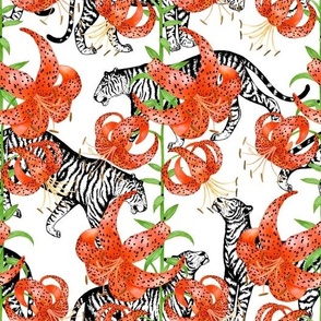 Tigers and Tiger Lilies (White Background)