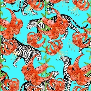 Tigers and Tiger Lilies (Blue Background)