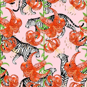 Tigers and Tiger Lilies (Pink Background)