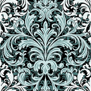 Rich Floral Damask Pattern Pine And Mint 