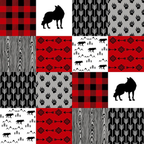 Wolf3 | Wolf Wholecloth Quilt | Plaid Arrow Red Black Grey Gray 