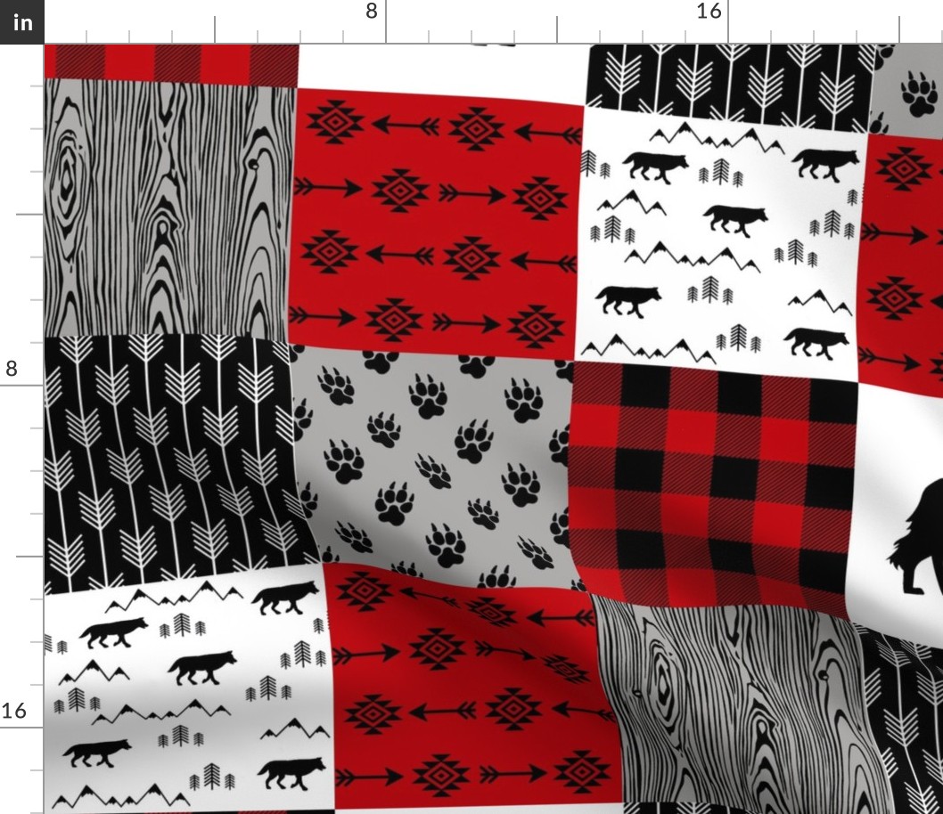 Wolf3 | Wolf Wholecloth Quilt | Plaid Arrow Red Black Grey Gray 