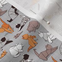 Tiny scale // Origami kitten friends // grey linen texture background paper cats