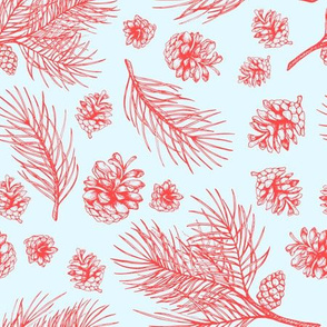 Pine Cones and Pine Branches (Light Blue and Red)