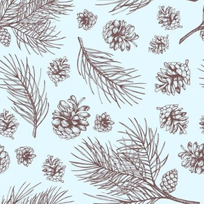 Pine Cones and Pine Branches (Light Blue and Sepia) – Large Scale