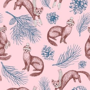Pine Martens In Pine Forest (Pink Background)