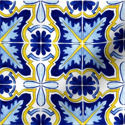 Dark Blue Azulejo Portuguese tile, watercolor design