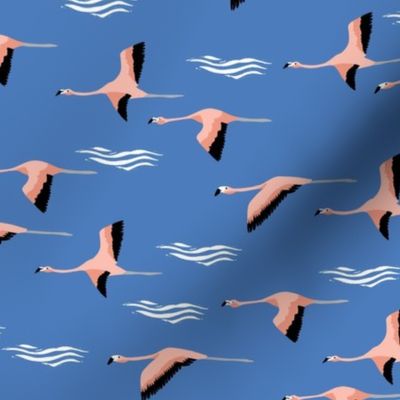 flamingo flight fabric - flamingoes fabric, flamingo fabric, flying birds, tropical fabric, summer fabric - classic blue