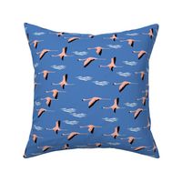 flamingo flight fabric - flamingoes fabric, flamingo fabric, flying birds, tropical fabric, summer fabric - classic blue