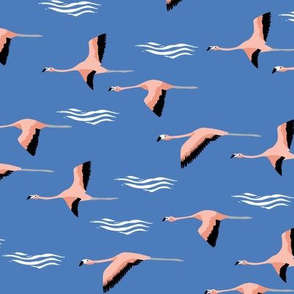 flamingo flight fabric - flamingoes fabric, flamingo fabric, flying birds, tropical fabric, summer fabric - classic blue