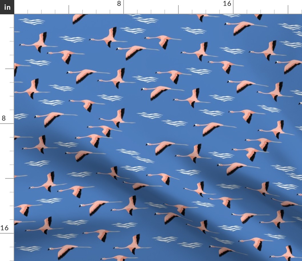 flamingo flight fabric - flamingoes fabric, flamingo fabric, flying birds, tropical fabric, summer fabric - classic blue