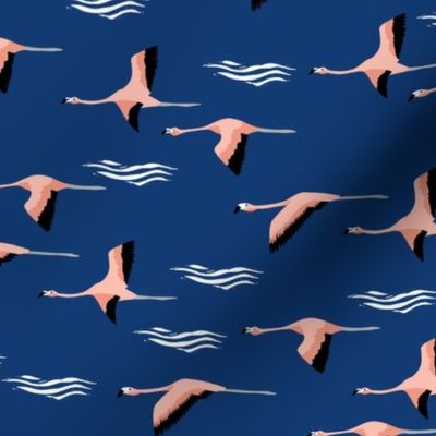 flamingo flight fabric - flamingoes fabric, flamingo fabric, flying birds, tropical fabric, summer fabric - navy