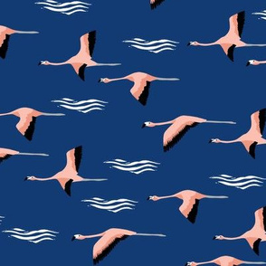 flamingo flight fabric - flamingoes fabric, flamingo fabric, flying birds, tropical fabric, summer fabric - navy