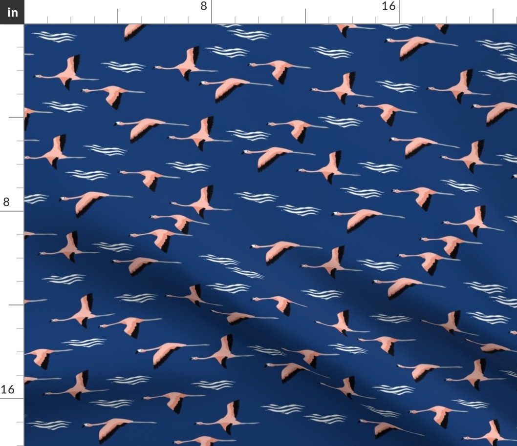 flamingo flight fabric - flamingoes fabric, flamingo fabric, flying birds, tropical fabric, summer fabric - navy