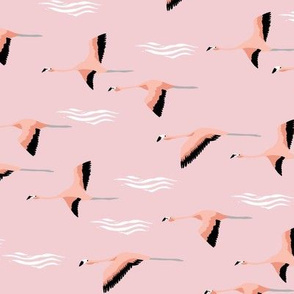 flamingo flight fabric - flamingoes fabric, flamingo fabric, flying birds, tropical fabric, summer fabric - light pink