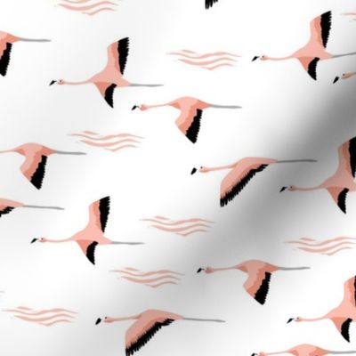 flamingo flight fabric - flamingoes fabric, flamingo fabric, flying birds, tropical fabric, summer fabric - white
