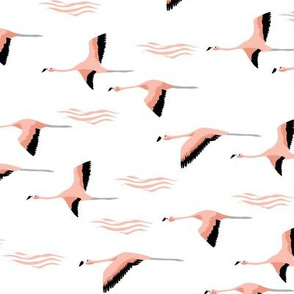 flamingo flight fabric - flamingoes fabric, flamingo fabric, flying birds, tropical fabric, summer fabric - white