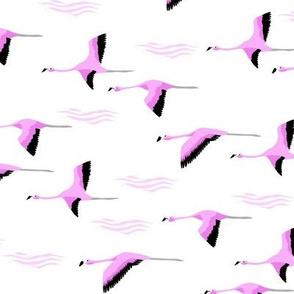 flamingo flight fabric - flamingoes fabric, flamingo fabric, flying birds, tropical fabric, summer fabric - white pink