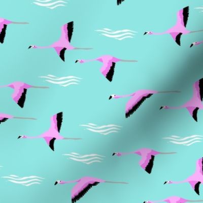 flamingo flight fabric - flamingoes fabric, flamingo fabric, flying birds, tropical fabric, summer fabric - mint