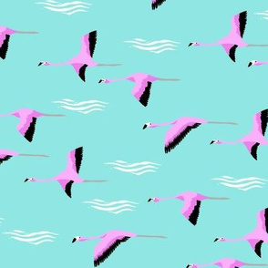 flamingo flight fabric - flamingoes fabric, flamingo fabric, flying birds, tropical fabric, summer fabric - mint