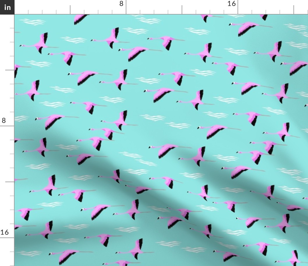 flamingo flight fabric - flamingoes fabric, flamingo fabric, flying birds, tropical fabric, summer fabric - mint