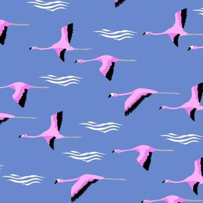 flamingo flight fabric - flamingoes fabric, flamingo fabric, flying birds, tropical fabric, summer fabric - medium blue