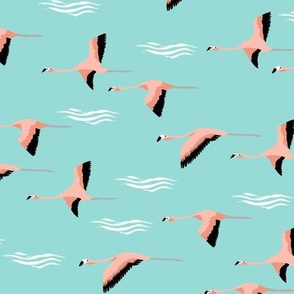 flamingo flight fabric - flamingoes fabric, flamingo fabric, flying birds, tropical fabric, summer fabric -  mint and blush