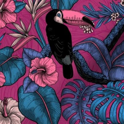 Toucan garden in blue,pink and violet