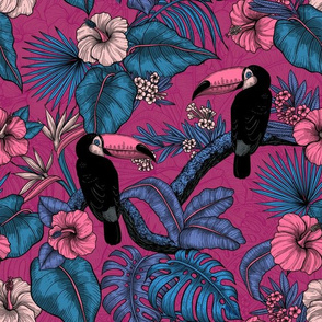 Toucan garden in blue,pink and violet