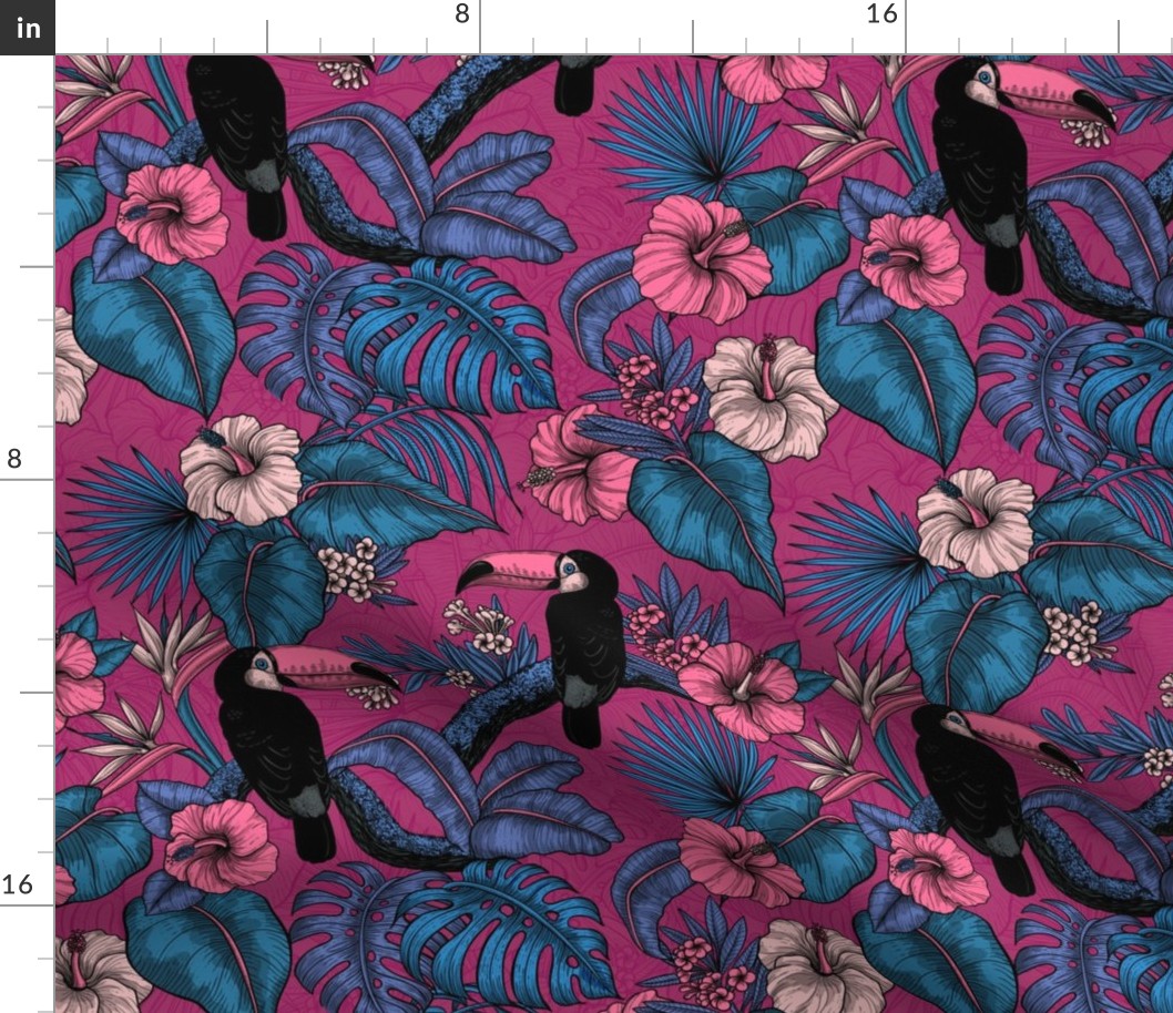 Toucan garden in blue,pink and violet