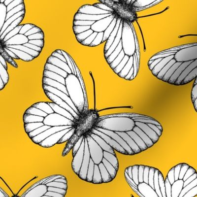 White butterfly pattern on yellow