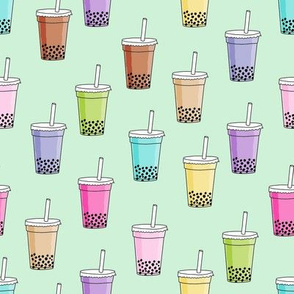 bubble tea fabric - food fabric, iced coffee fabric, iced tea fabric, bubbles, boba, boba tea, milky tea, matcha - mint
