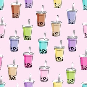 bubble tea fabric - food fabric, iced coffee fabric, iced tea fabric, bubbles, boba, boba tea, milky tea, matcha - pink