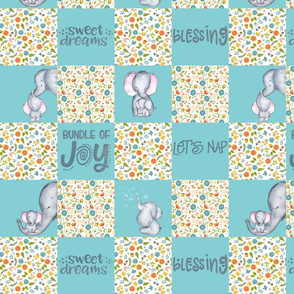 14" Little Elephants Cute Animals Patchwork - baby girls quilt cheater quilt fabric -  elephant flower fabric, baby fabric, cheater quilt fabric on fresh teal