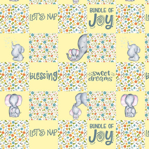 14" Little Elephants Cute Animals Patchwork - baby girls quilt cheater quilt fabric -  elephant flower fabric, baby fabric, cheater quilt fabric on sunny yellow 