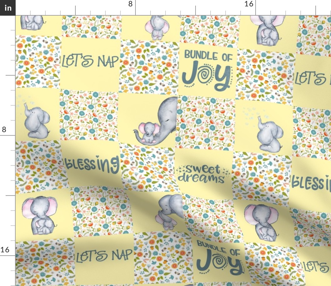14" Little Elephants Cute Animals Patchwork - baby girls quilt cheater quilt fabric -  elephant flower fabric, baby fabric, cheater quilt fabric on sunny yellow 