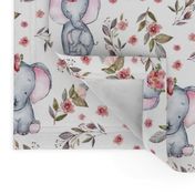 8"  Cute baby elephants and flowers, elephant fabric, elephant nursery 