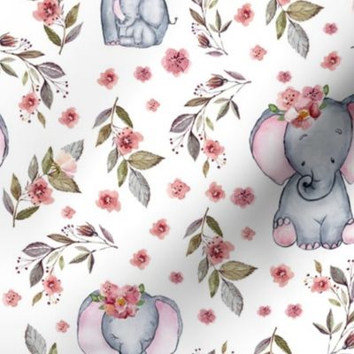 8"  Cute baby elephants and flowers, elephant fabric, elephant nursery 