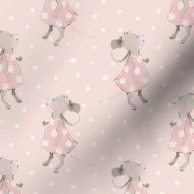 5" Cute baby mouse girl and flowers, mouse fabric, mouse nursery on blush polkadots