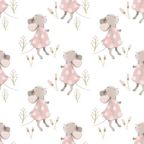 4" Cute baby mouse girl and flowers, mouse fabric, mouse nursery