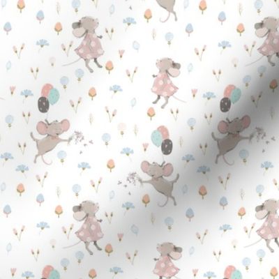 5" Cute baby mouse girl and flowers, mouse fabric, mouse nursery on flower meadow
