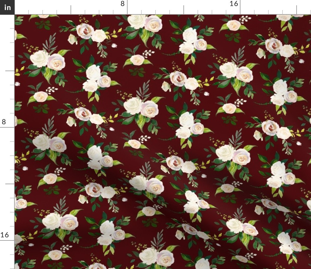 Spring Fresh White Rose Floral // Maroon Red