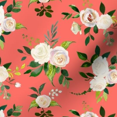 Spring Fresh White Rose Floral // Living Coral