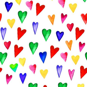watercolor multicolored hearts on a white background