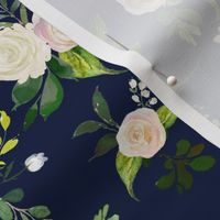 Spring Fresh White Rose Floral // Navy