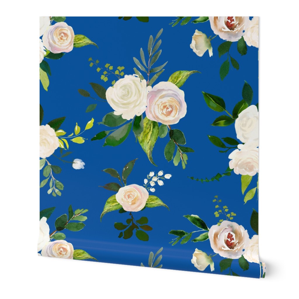 Spring Fresh White Rose Floral // Royal Blue