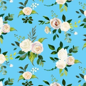 Spring Fresh White Rose Floral // Sky Blue