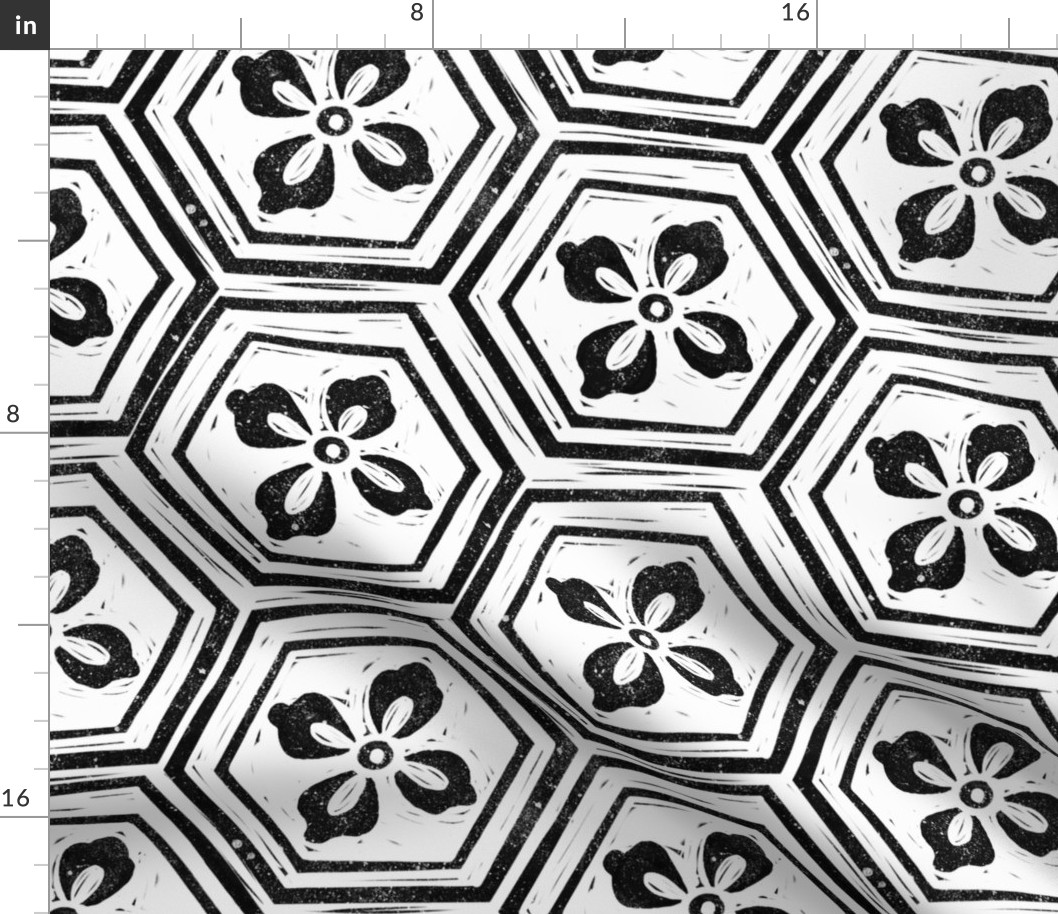 LARGE kikkou fabric - tortoiseshell fabric, tortoise fabric, hexagon fabric, linocut japanese fabric -  black