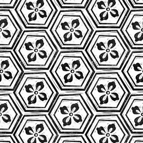 MED kikkou fabric - tortoiseshell fabric, tortoise fabric, hexagon fabric, linocut japanese fabric -  black