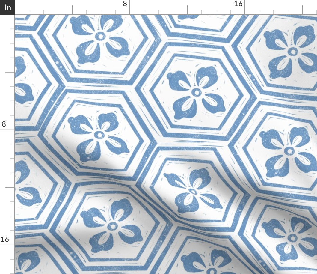 LARGE kikkou fabric - tortoiseshell fabric, tortoise fabric, hexagon fabric, linocut japanese fabric -  blue
